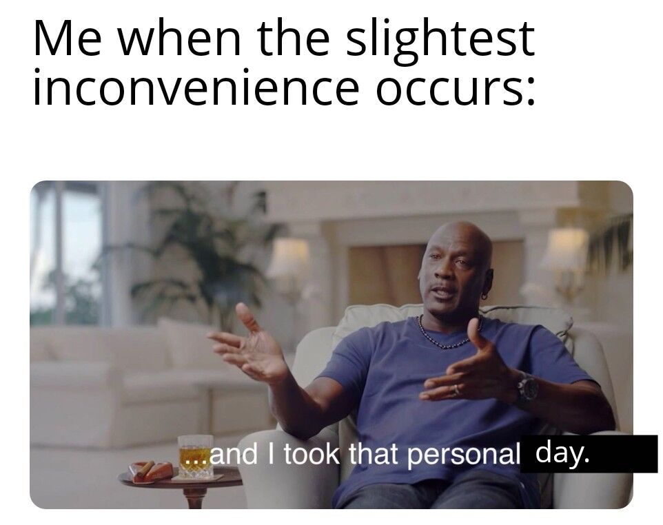 This meme repurposes the iconic Michael Jordan 'I took that personally' template to create a relatable, wholesome joke. The top text sets up the scenario: *Me when the slightest inconvenience occurs:*, while the edited bottom text from Jordan reads *...and I took that personal day.* It humorously frames overreacting to small daily annoyances by taking a personal day as a lighthearted act of self-care, twisting the original meme's frustrated tone into a playful escape from minor frustrations.