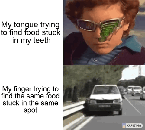 This is a two-panel relatable humor meme contrasting the precision of the human tongue versus the human finger when trying to locate food stuck in the teeth. The top panel left has text reading "My tongue trying to find food stuck in my teeth", paired with an image of Spider-Man using a high-precision targeting scan overlay on his smart glasses, representing how easily and accurately the tongue can find tiny bits of stuck food. The bottom panel left has text reading "My finger trying to find the same food stuck in the same spot", paired with an image of a white van completely veering off the road into a guardrail, representing how clumsy and inaccurate fingers are at locating the exact spot of the stuck food that the tongue found easily.