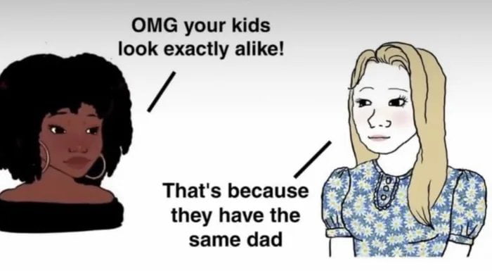 This is a drawn single-panel meme showing two women conversing. On the left is a Black woman with curly dark hair, large hoop earrings, and a black off-shoulder top. On the right is a blonde white woman wearing a blue top with daisy patterns. The left woman says to the right woman: 'OMG your kids look exactly alike!', and the right woman replies with a deadpan expression: 'That's because they have the same dad'. The joke subverts the expected innocent explanation for children looking similar, implying the woman was unfaithful to her partners, as all her children share the same biological father even if she claimed they had different fathers. The original title adds a layer of sarcasm, ironically framing this obvious logical conclusion as racist to mock online discourse that often labels neutral factual statements as discriminatory for performative reasons.