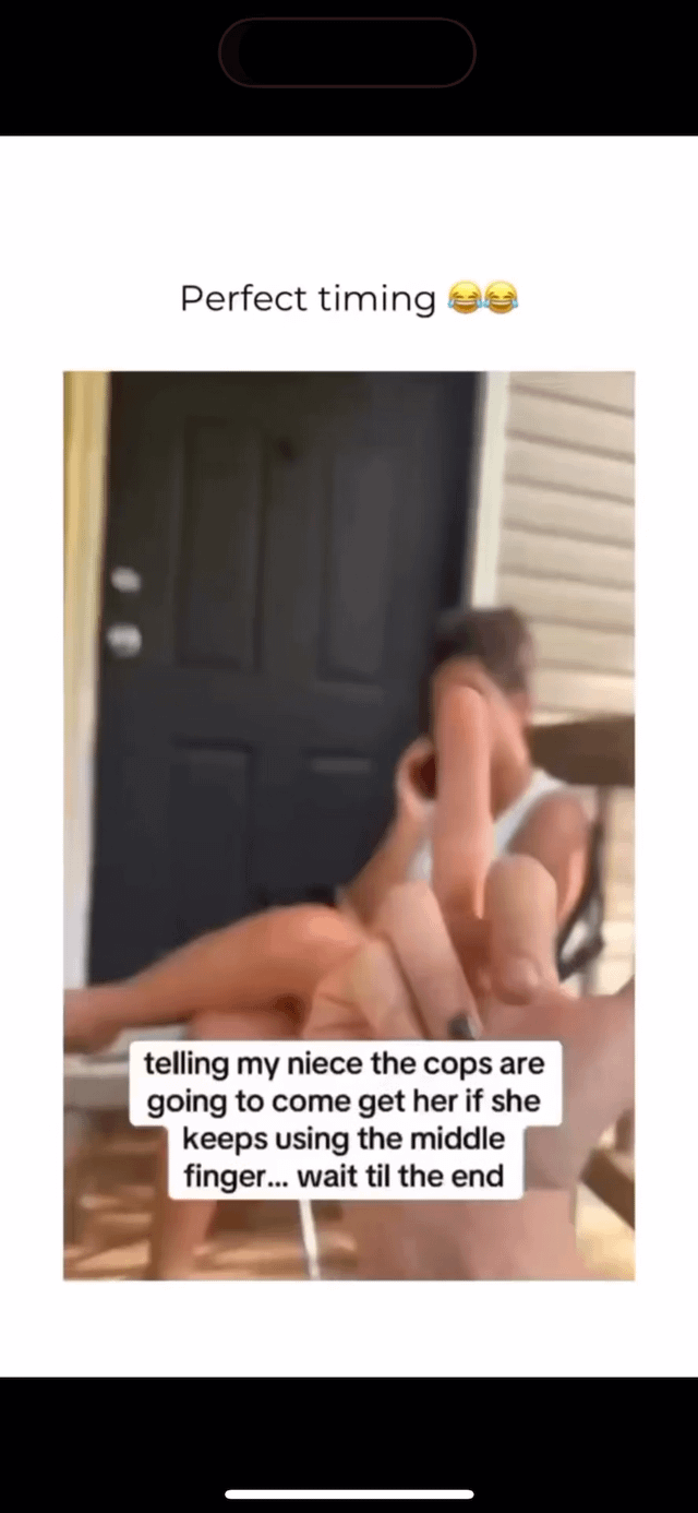 A screenshot of a short-form video capturing a humorous real-life moment. The top of the image displays the text 'Perfect timing 😂😂'. Below, a scene shows two people: one (likely the narrator) interacting with a niece, who is holding up her middle finger. Overlaid text reads: 'telling my niece the cops are going to come get her if she keeps using the middle finger... wait til the end'. The setting appears to be a residential doorway with a dark door and wooden steps.