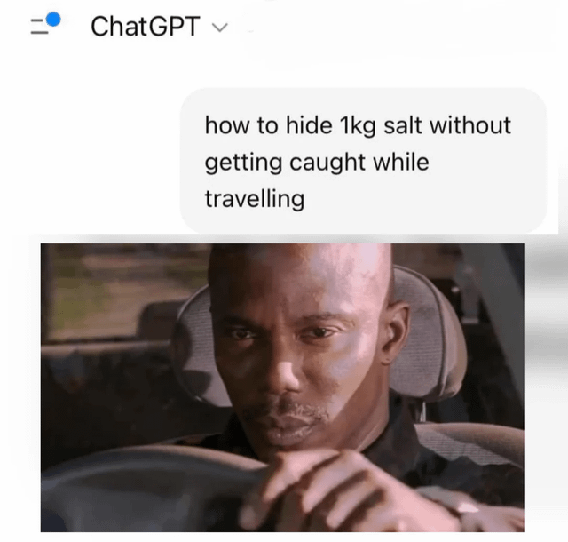 The meme is divided into two sections: the top portion shows a ChatGPT interface displaying the user query 'how to hide 1kg salt without getting caught while travelling'; the bottom portion features a still image of a man driving a car with a serious, intense expression. The juxtaposition humorously suggests that the query is suspicious or questionable, with the driver's stern demeanor reacting to the potentially illicit nature of hiding salt during travel.