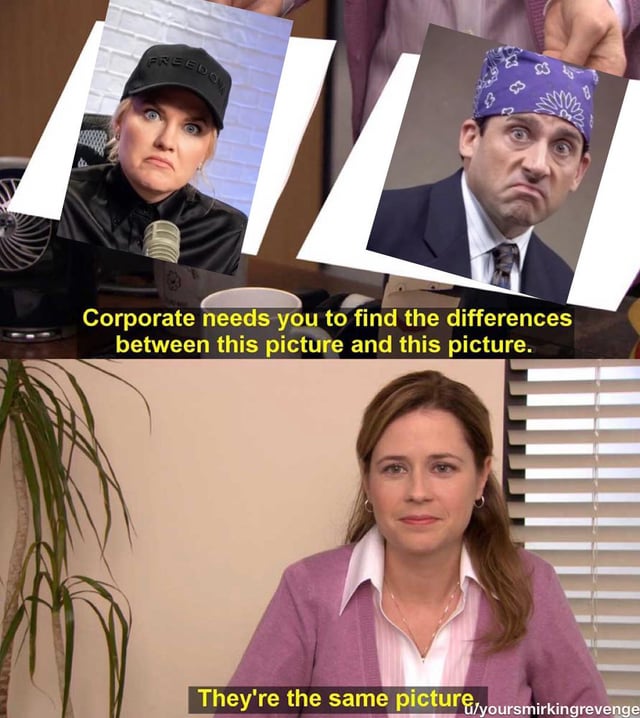 This is a two-panel edit of the widely popular The Office "same picture" reaction meme. The top panel shows two photos held side by side: the left is a viral photo of former Trump legal advisor Jenna Ellis wearing a black "FREEDOM" cap, pouting with a confused frustrated expression during a public hearing, next to a screenshot of Michael Scott as his Prison Mike persona from The Office, wearing a purple bandana and making an almost identical pouting frustrated facial expression. The top text reads "Corporate needs you to find the differences between this picture and this picture." The bottom panel shows Pam Beesly from The Office looking at the camera with a deadpan expression, with text that reads "They're the same picture". The joke plays on the extreme similarity between Jenna Ellis' expression in the viral photo and the Prison Mike character, implying the two are indistinguishable, matching the original title that even software cannot find a difference between them.