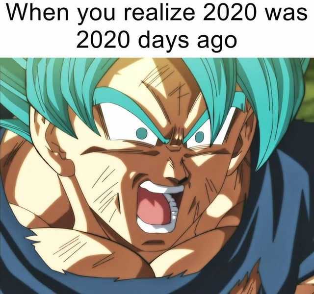 This meme consists of a close-up shot of the anime character Goku in his Super Saiyan Blue form, displaying an intensely shocked, enraged expression with his mouth agape and eyes wide. The text above the image reads "When you realize 2020 was 2020 days ago". The humor comes from the relatable, jarring realization of how much time has elapsed since the globally disruptive 2020 year, with Goku's over-the-top reaction perfectly matching the disorienting feeling of realizing time has passed far faster than expected.