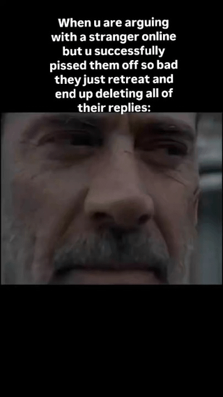 This meme uses a close-up shot of Negan from *The Walking Dead* (with a stern, smug, intense expression) paired with overlay text to humorously capture the satisfying feeling of "winning" an online argument. The text describes successfully frustrating a stranger online so thoroughly that they delete all their replies and retreat from the debate. The image's serious, menacing expression amplifies the smug satisfaction of the moment, making it relatable to anyone who has had this experience in online spaces.