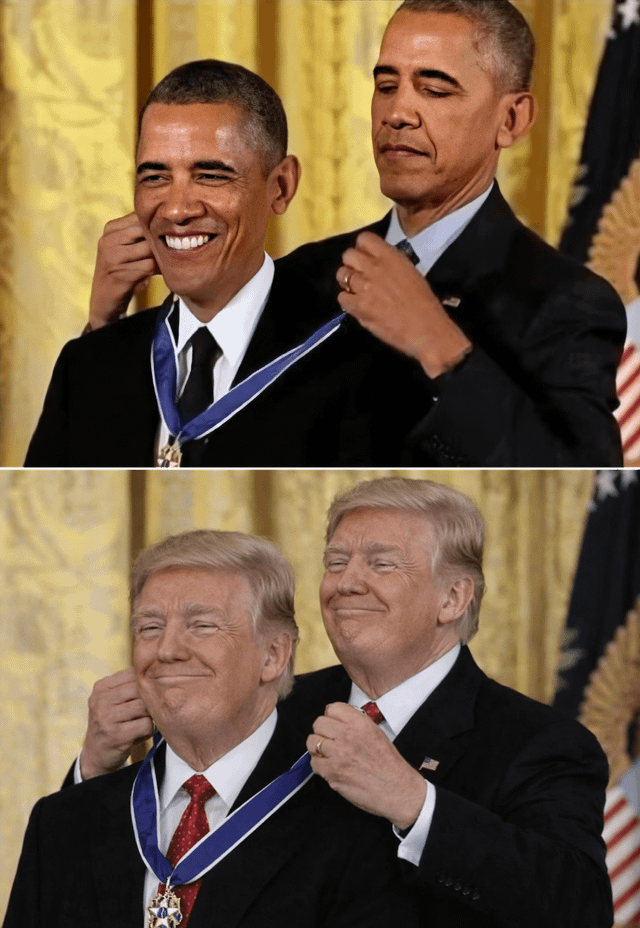 A two-panel meme depicting a satirical scenario for the 'Nobel Peace Prize 2025'. The top panel shows two identical images of Barack Obama: one Obama (in a black suit with a black tie) smiles while receiving a medal with a blue ribbon, placed around his neck by another Obama (in the same attire) who looks serious. The bottom panel mirrors this structure with two identical images of Donald Trump: one Trump (in a black suit with a red tie) smirks while receiving the same blue-ribboned medal, placed by another Trump (in the same attire) who smiles. Both panels feature a golden curtain backdrop and an American flag in the background, mimicking an official award ceremony setting. The meme humorously suggests the absurdity of self-awarding prestigious honors like the Nobel Peace Prize.