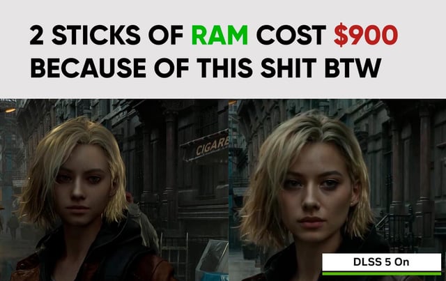 This meme expresses frustration towards Nvidia, claiming that the company's technology (specifically DLSS 5, a graphics upscaling feature) is responsible for the exorbitant cost of RAM (stating two sticks cost $900). The image uses a side-by-side comparison of a female video game character: the left panel shows the character with standard graphics, while the right panel shows the same character with DLSS 5 enabled, displaying a more detailed, realistic appearance. The top text directly links the high RAM prices to Nvidia's technology, implying that running such demanding features requires expensive hardware upgrades.