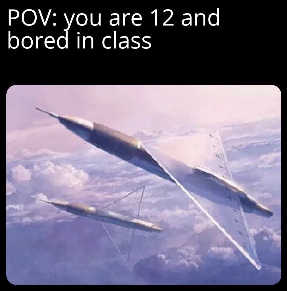 The meme has a text header reading 'POV: you are 12 and bored in class' above a digitally edited image. The image creates a visual pun illusion where common classroom stationery (a clear plastic triangular geometry ruler and two pens) are overlaid on a background of high-altitude clouds, making them appear to be sleek military fighter jets or hypersonic aircraft in flight. The joke relies on the universal relatable experience of young students daydreaming and transforming mundane classroom items into exciting fantasy objects when they are unengaged and bored during lessons.